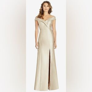 Alfred Sung Off-The-Shoulder Satin Champagne Maxi dress Gown Bridesmaid size 12